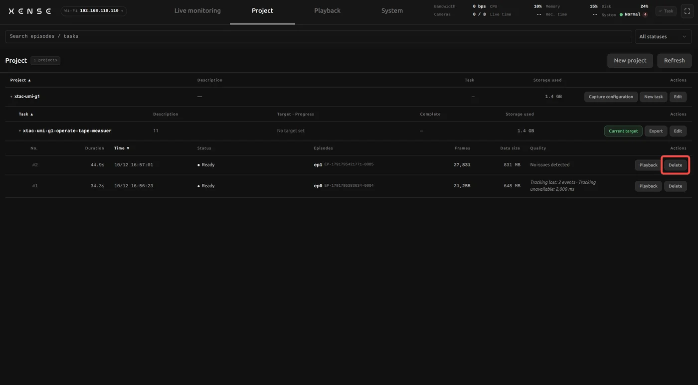 Selecting an episode to delete on the Project page