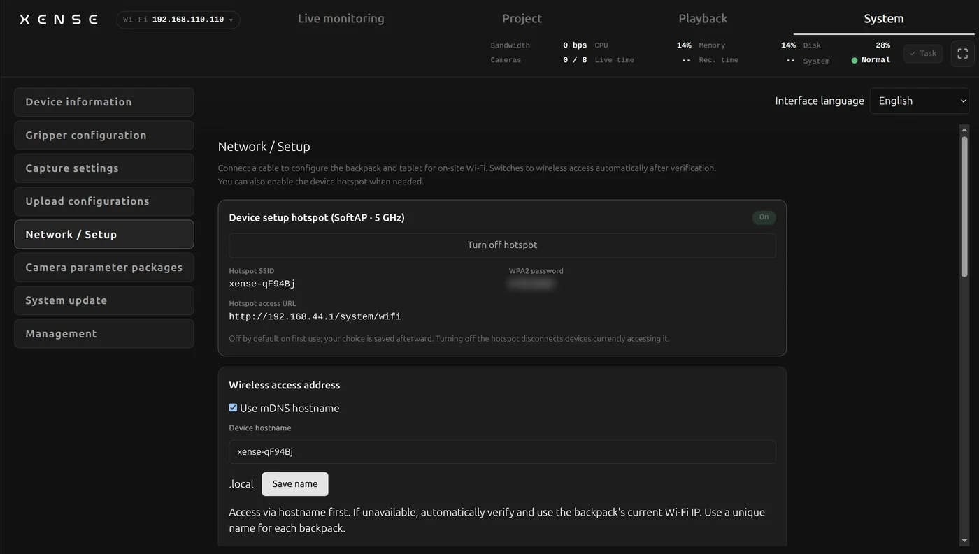 The Network / Setup page the tablet opens over USB