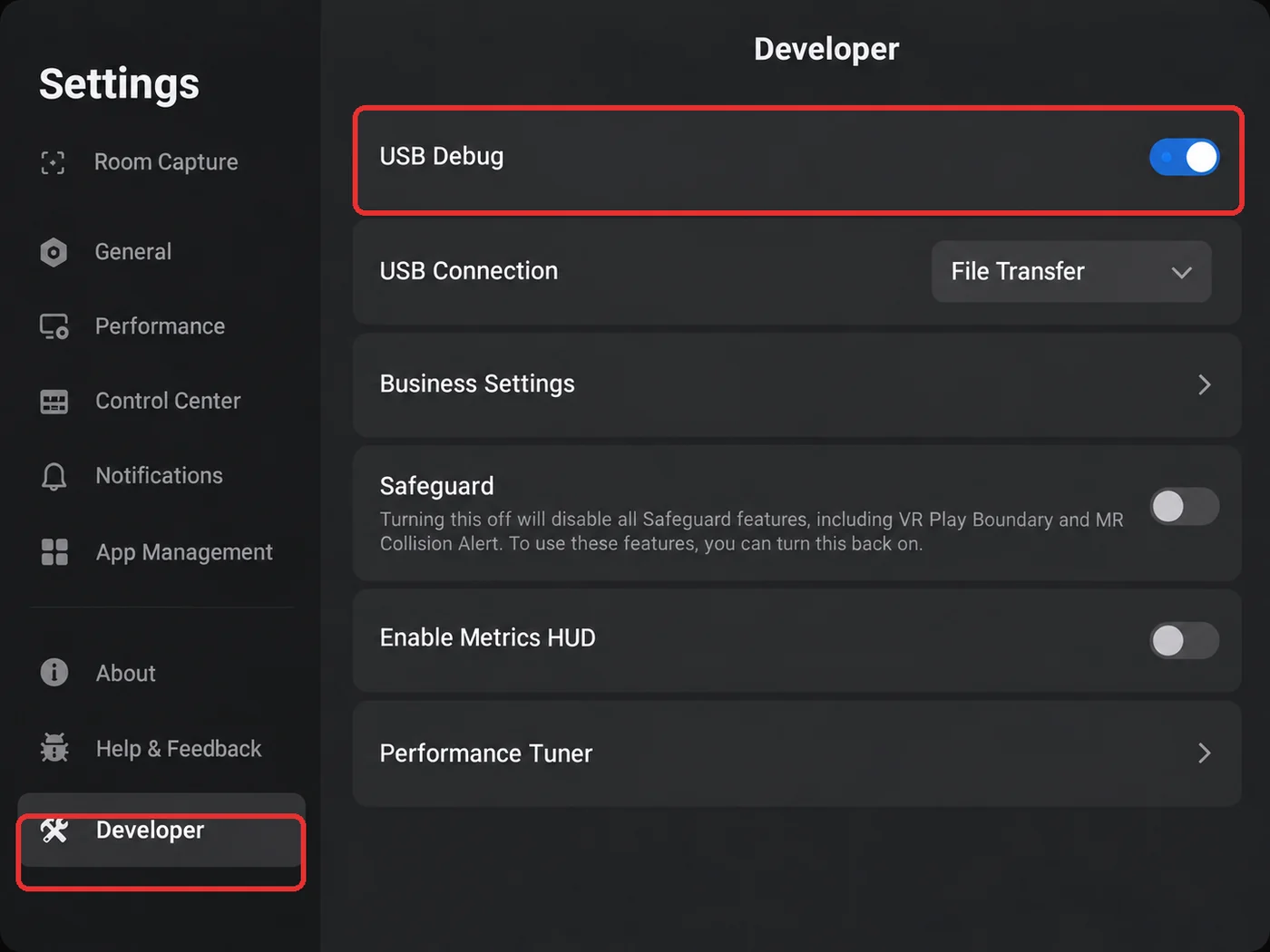 Developer → turn on USB Debug