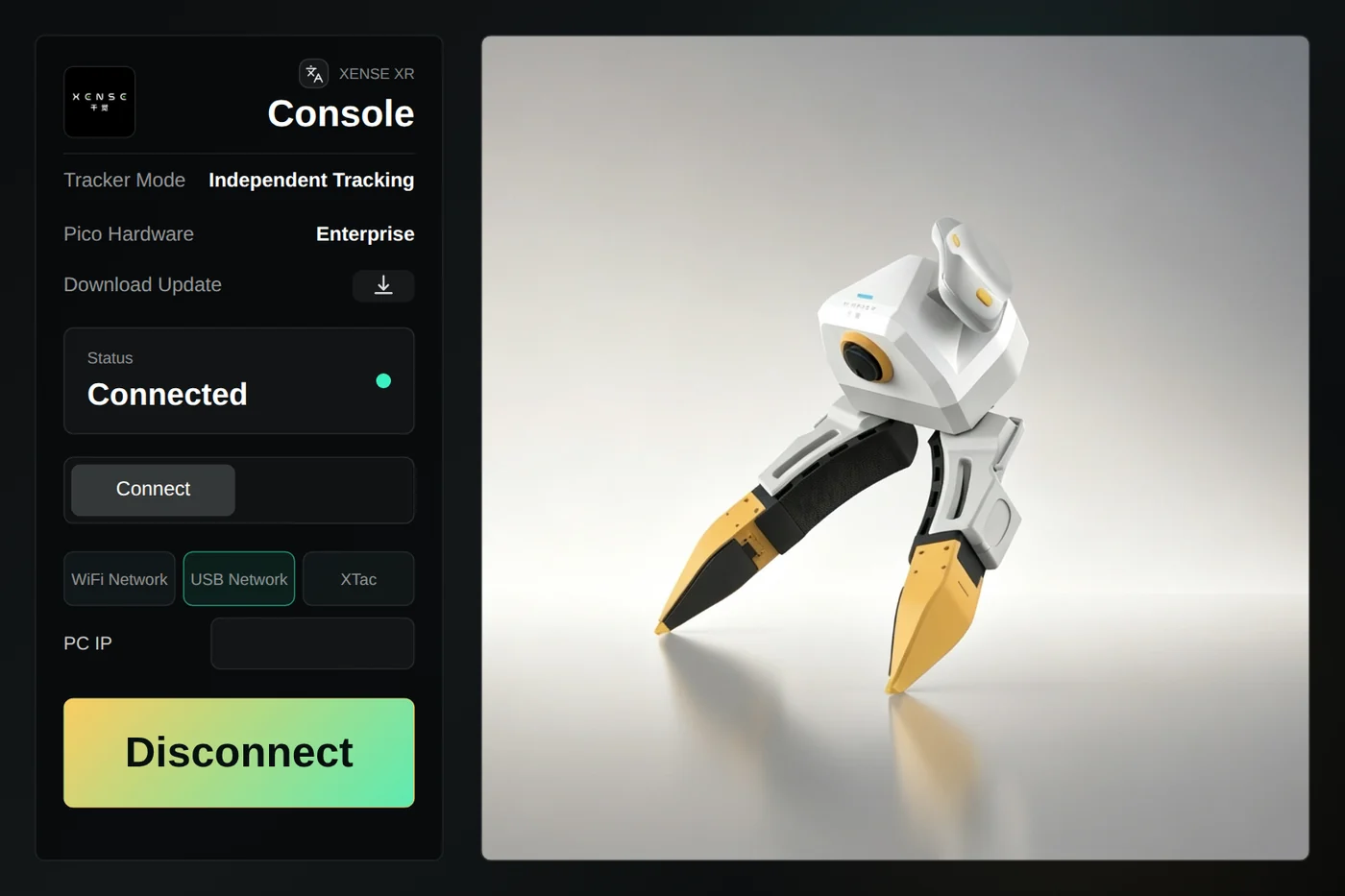 XTac UMI XR console: USB Network selected, Connected