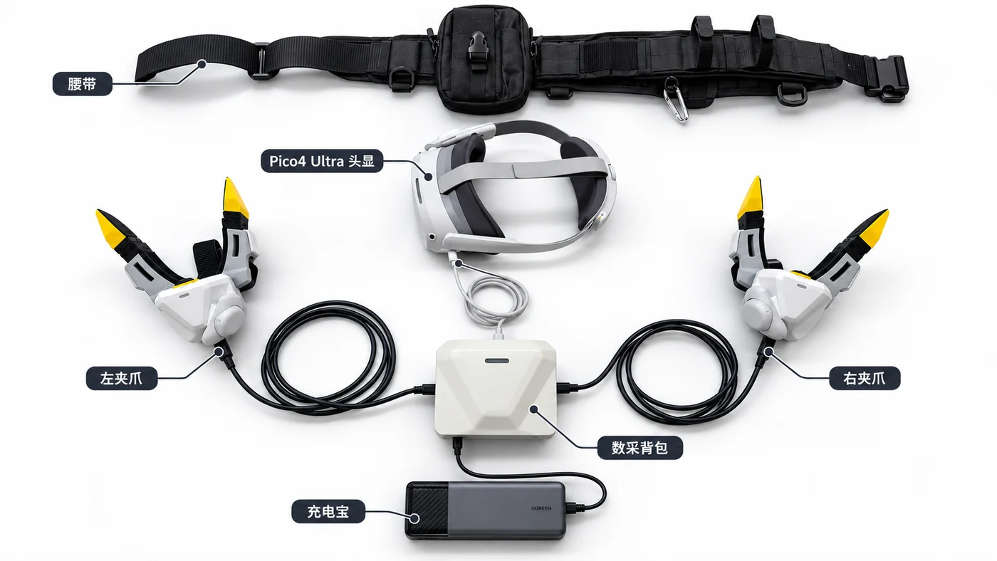 充电宝供电接线:左右夹爪接背包两侧,头显接 PICO 口,充电宝经 0.3m 12V PD 电源线接 DC 口
